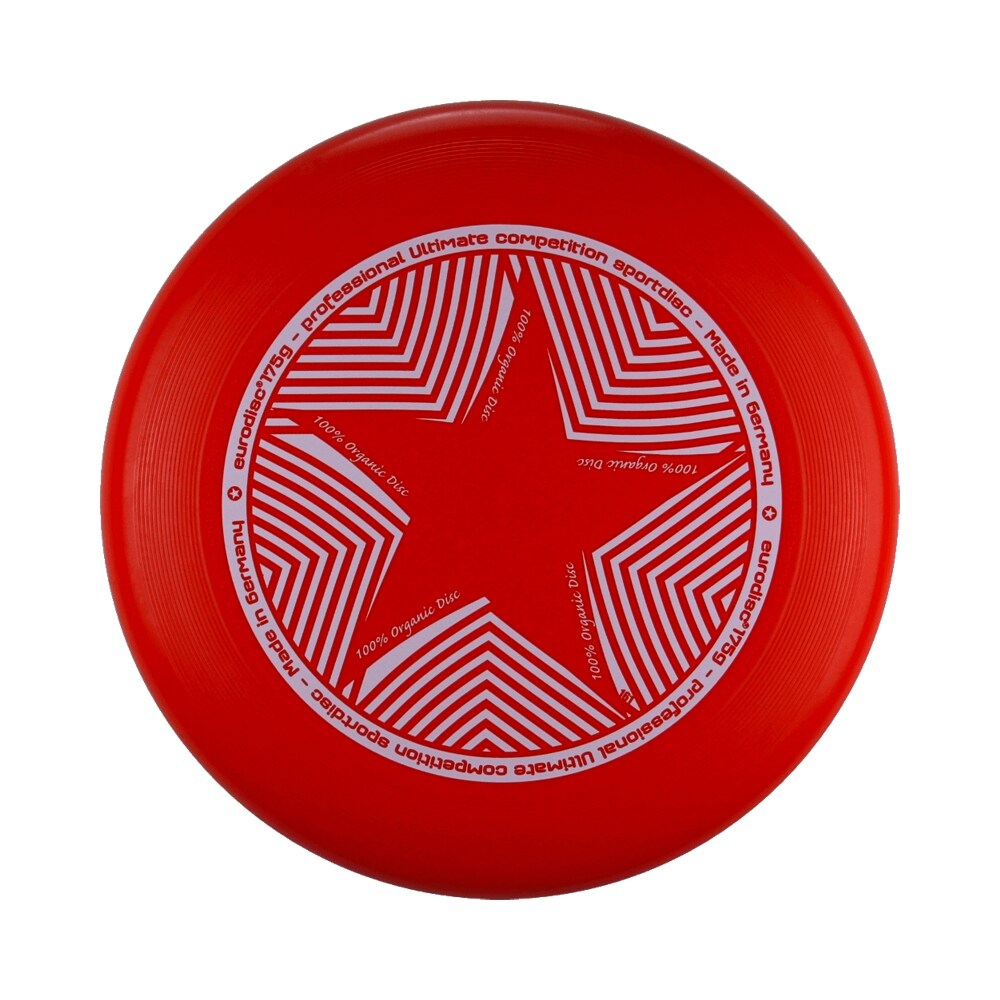 Röd Eurodisc Ultimate Star frisbee (175g) med tryck av en vit stjärna i mitten. Märkt som "Professional Ultimate competition sportdisc"