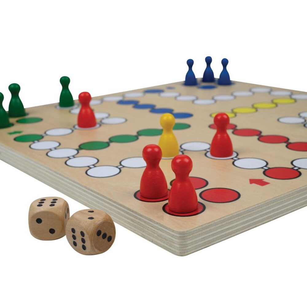 Klassiskt Fia med knuff (Ludo) från Philos i trä, med röda, gula, gröna och blåa spelpjäser och två trätärningar