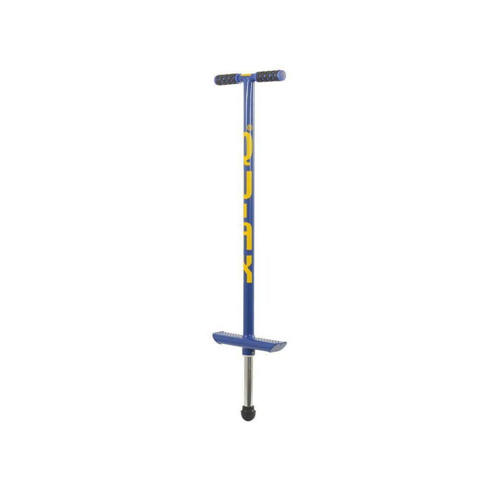 Blå Qu-Ax hoppstylta (Pogo Stick) med gul logotyp, avsedd för användare som väger cirka 30–50 kg