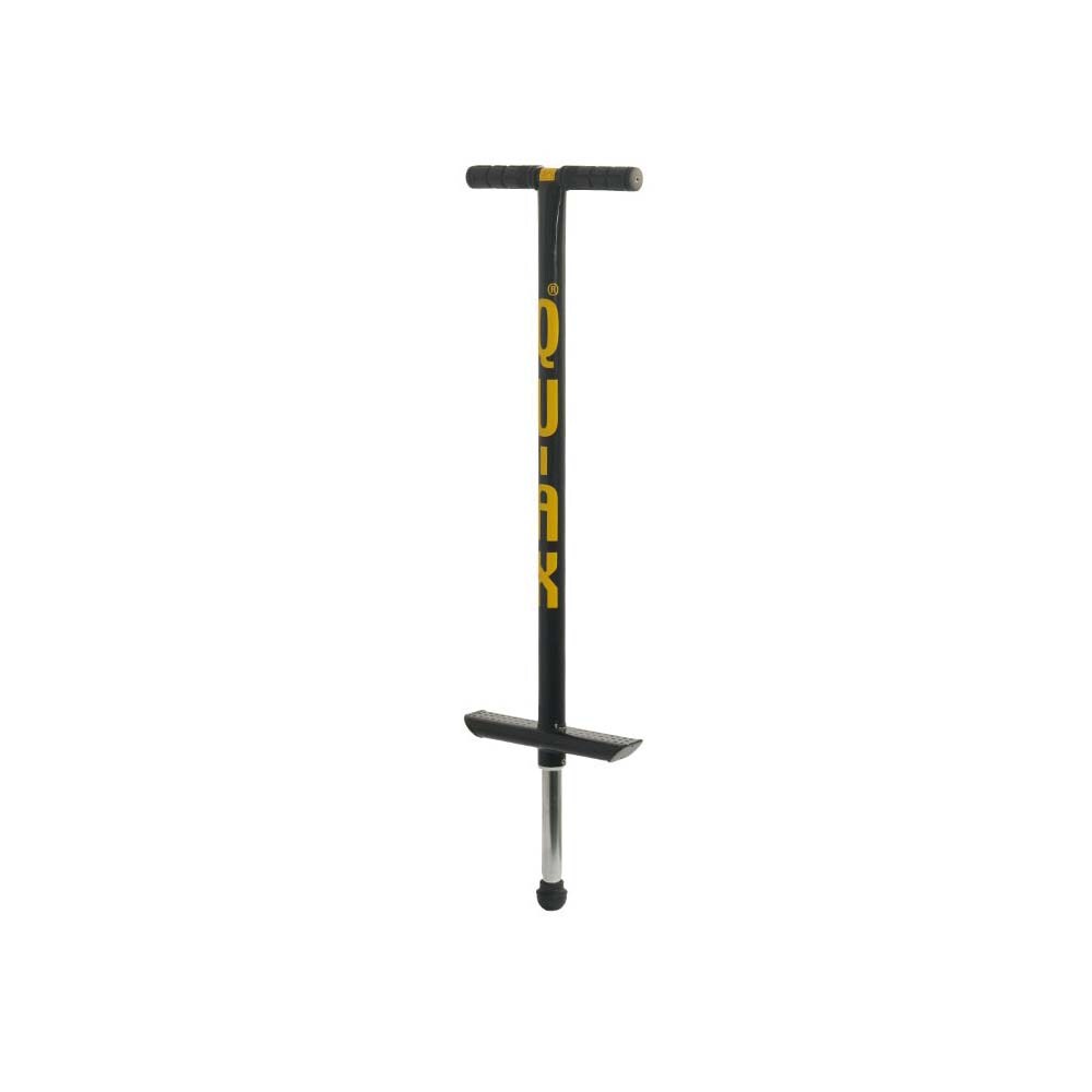 Svart Qu-Ax hoppstylta (Pogo Stick) med gul logotyp, avsedd för användare som väger 55–80 kg