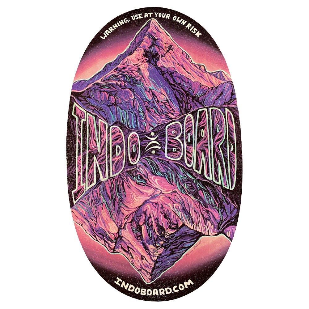 Oval Indo Board balansbräda (deck) i Mountain design med en intensiv lila, rosa och turkos illustration av ett berg