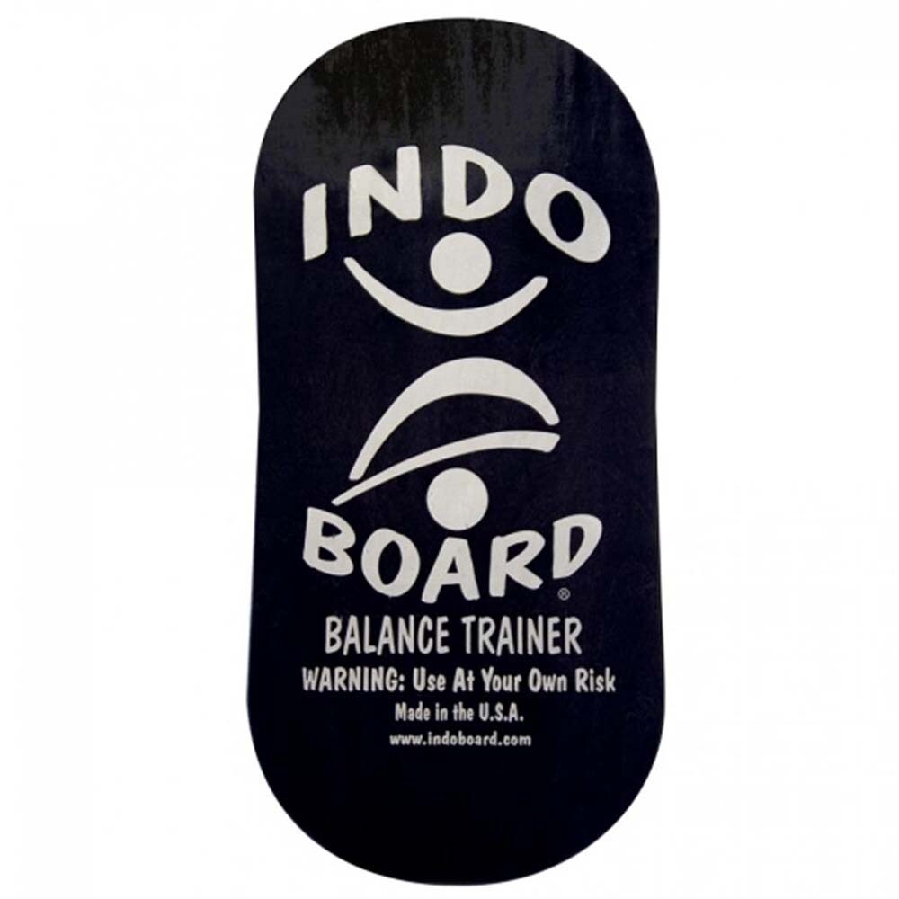 Indo Board balansbräda (deck) i mörk design med vit logotyp och text. Avsedd för balansträning