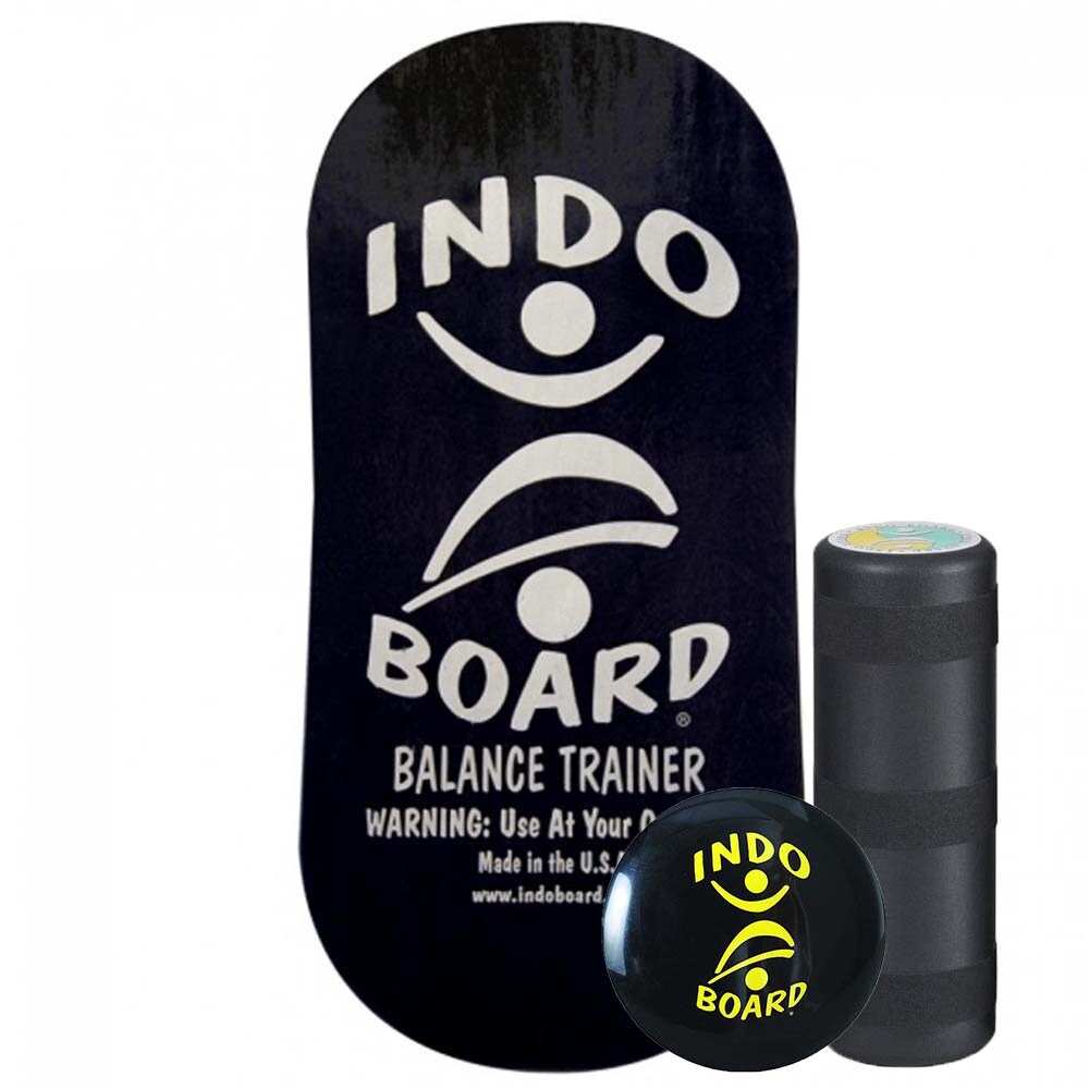 Indo Board Balansbräda (deck) i mörk design med rulle och IndoFLO Balance Cushion. Visar komplett set för balansträning