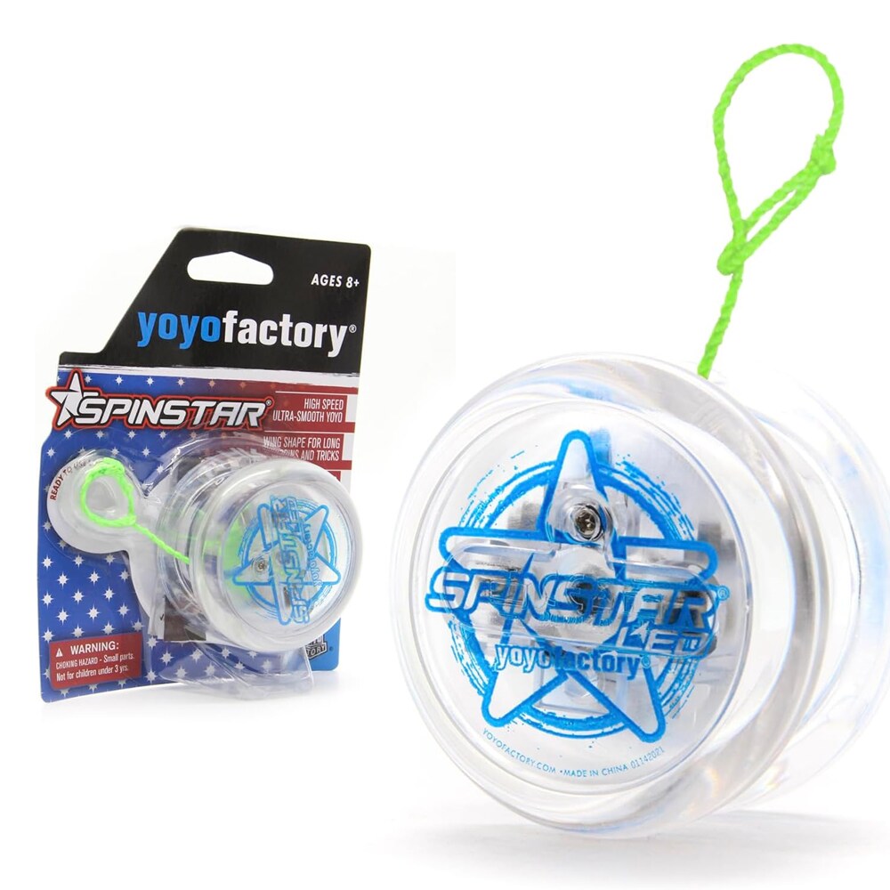 Produktbild på en genomskinlig Spinstar LED jojo från YoyoFactory med ett neongrönt snöre, bredvid sin originalförpackning. Jojon har blå grafik med en stjärna och texten "Spinstar LED".