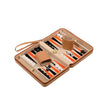 Backgammon Leros öppnat spelbräde med magnetiska pjäser, tärningar och tärningsbägare
