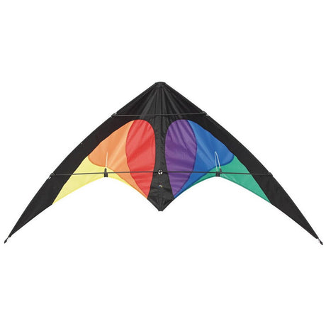 Bebop Prisma sportdrake i fyrkantig vingeform med ett färgstarkt mönster i gult, orange, rött, lila, blått och grönt mot en svart ram och vit bakgrund