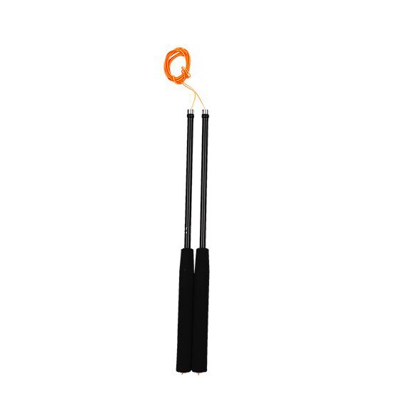Svarta kolfiberhandpinnar för diabolo från Henrys, med orange snöre. Pinnarna har svarta skumhandtag