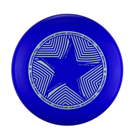 Blå Eurodisc Ultimate Star frisbee (175g) med tryck av en vit stjärna, designad för långa och professionella kast. Märkt som "100% Organic Disc"