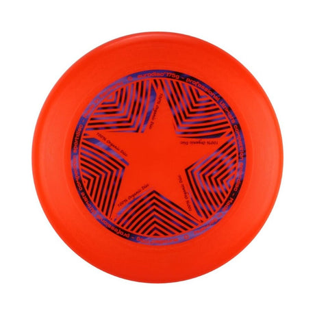 Orange Eurodisc Ultimate Star frisbee (175g) med tryck av en stor röd stjärna, svart och lila mönster. Märkt som "100% Organic Disc"