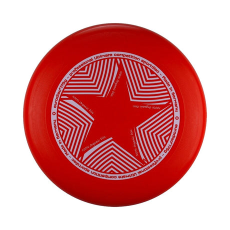 Röd Eurodisc Ultimate Star frisbee (175g) med tryck av en vit stjärna i mitten. Märkt som "Professional Ultimate competition sportdisc"