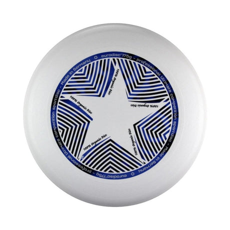 Vit Eurodisc Ultimate Star frisbee (175g) med tryck av en stjärna i svart och blått. Märkt som "100% Organic Disc"