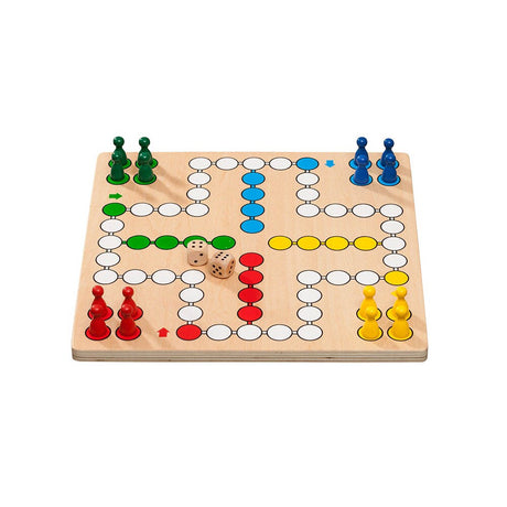 Klassiskt Fia med knuff (Ludo) spelbräde i ljust trä, med färgade spelpjäser (röd, gul, grön, blå) och två trätärningar