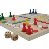 Klassiskt Fia med knuff (Ludo) från Philos i trä, med röda, gula, gröna och blåa spelpjäser och två trätärningar