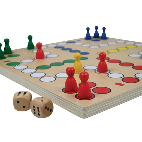Klassiskt Fia med knuff (Ludo) från Philos i trä, med röda, gula, gröna och blåa spelpjäser och två trätärningar