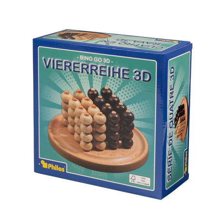 Produktkartong för Philos 3D-spelet Viererreihe 3D (Fyra i rad 3D). Visar spelplanen med staplade ljusa och mörka träpjäser