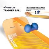 Närbild på en blå GIBBON Trigger Ball fäst med ett orange spännband på en GIBBOARD, med en illustration som visar produktens fjäderfunktion för kontrollerade tryckpunkter.