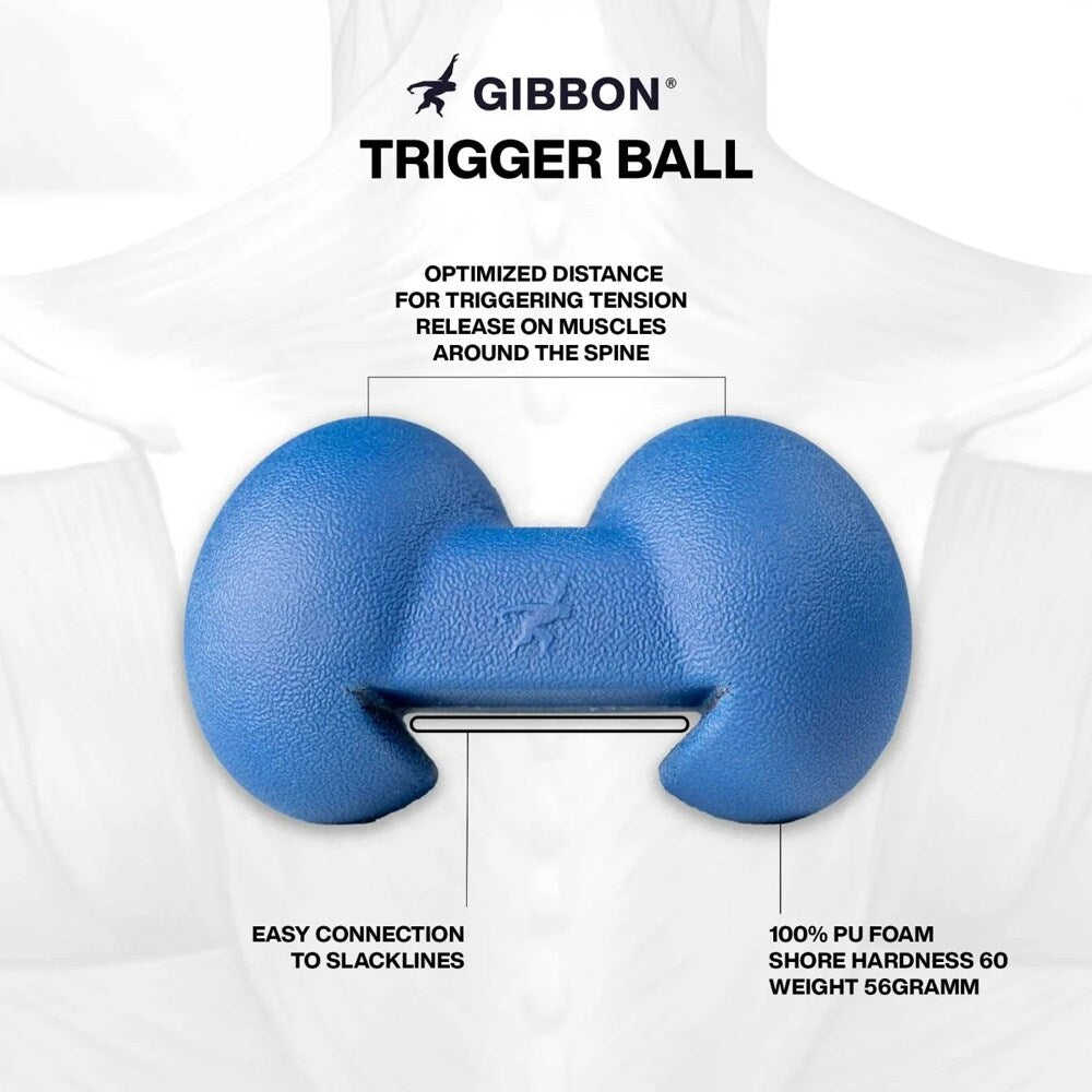 En blå GIBBON Trigger Ball i PU-skum visas mot en anatomisk illustration av en rygg, med text som förklarar dess optimerade avstånd för muskelavslappning kring ryggraden och enkel montering på slacklines.