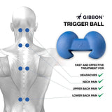 En blå GIBBON Trigger Ball visas bredvid en anatomisk illustration av en mänsklig rygg. Bilden markerar specifika tryckpunkter längs ryggraden och listar produkten som en snabb och effektiv behandling för huvudvärk, nacksmärta samt smärta i övre och nedre