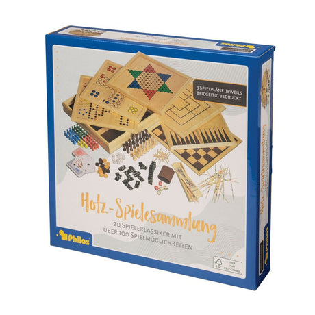 Förpackningen för Philos "Holz-Spielesammlung" (Träspelsamling) med över 100 spelmöjligheter. Visar en kollage av schack, backgammon och mikado