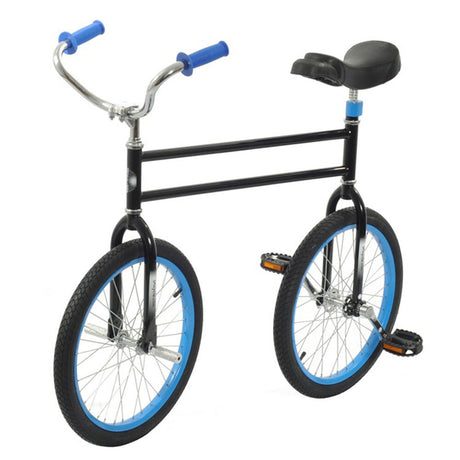Hela Hoppley Circus Bike (rolig cykel) i svart, med två blå fälgar, kromstyre, blå handtag och svart sadel