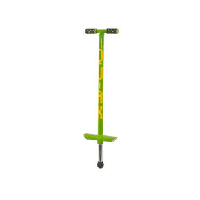 Ljusgrön Qu-Ax hoppstylta (Pogo Stick) med gul logotyp, T-format handtag och svart gummitass. Avsedd för vikt upp till 20 kg