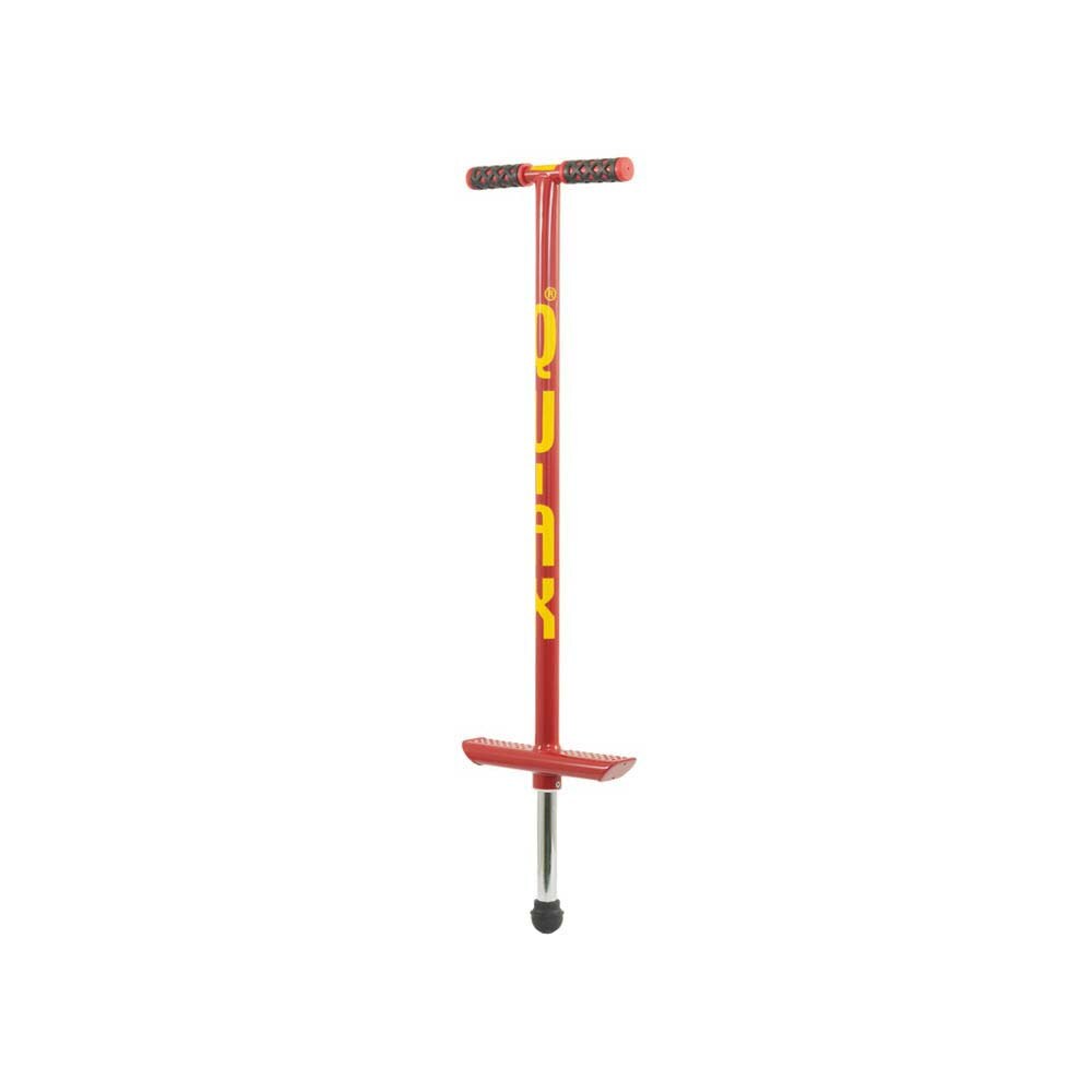 Röd Qu-Ax hoppstylta (Pogo Stick) med gul logotyp, avsedd för barn som väger 20–30 kg