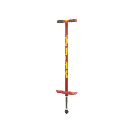 Röd Qu-Ax hoppstylta (Pogo Stick) med gul logotyp, avsedd för barn som väger 20–30 kg