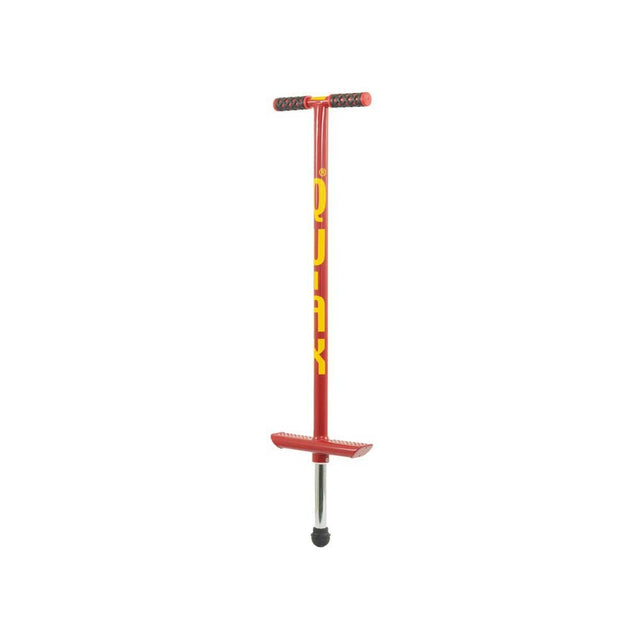 Röd Qu-Ax hoppstylta (Pogo Stick) med gul logotyp, avsedd för barn som väger 20–30 kg