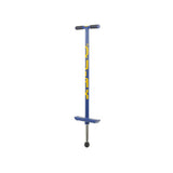 Blå Qu-Ax hoppstylta (Pogo Stick) med gul logotyp, avsedd för användare som väger cirka 30–50 kg