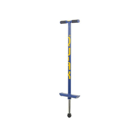 Blå Qu-Ax hoppstylta (Pogo Stick) med gul logotyp, avsedd för användare som väger cirka 30–50 kg