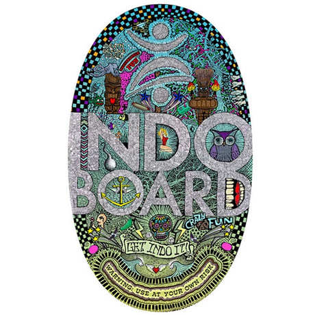 Oval Indo Board balansbräda (deck) i Doodle design med kaotisk, detaljerad grafik i starka färger. Har ankar- och ugglemotiv