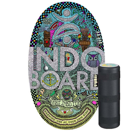 Indo Board Original balansbräda (Doodle design) med kaotisk, färgglad graffiti-liknande grafik, komplett med den svarta rullen