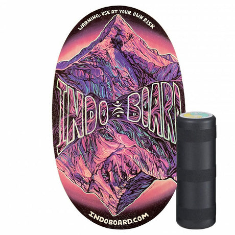 Indo Board Original balansbräda (Mountain design) med dramatiskt bergsmotiv i lila och rosa nyanser, komplett med svart rulle