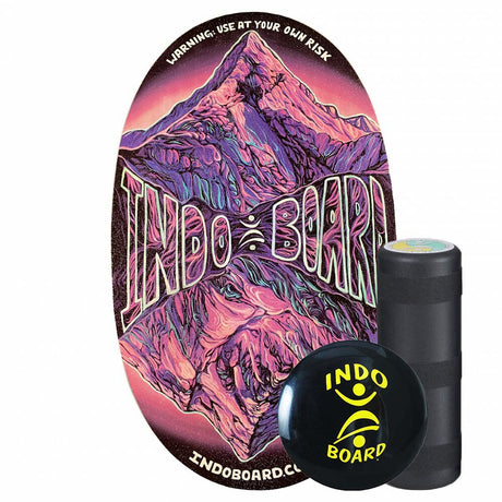 Indo Board Original balansbräda (Mountain design) med lila och rosa bergsmotiv i mörk bakgrund, komplett med rulle och IndoFLO Balance Cushion