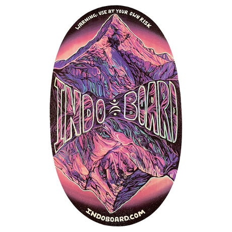 Oval Indo Board balansbräda (deck) i Mountain design med en intensiv lila, rosa och turkos illustration av ett berg