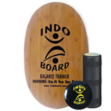 Indo Board balansbräda i bambu-trä med svart logotyp, komplett med rulle och IndoFLO Balance Cushion