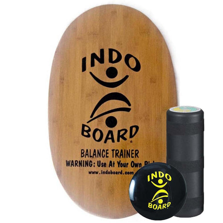 Indo Board balansbräda i bambu-trä med svart logotyp, komplett med rulle och IndoFLO Balance Cushion