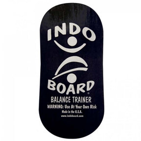 Indo Board balansbräda (deck) i mörk design med vit logotyp och text. Avsedd för balansträning