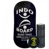 Indo Board Balansbräda (deck) i mörk design med rulle och IndoFLO Balance Cushion. Visar komplett set för balansträning