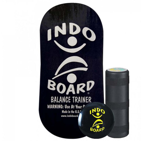 Indo Board Balansbräda (deck) i mörk design med rulle och IndoFLO Balance Cushion. Visar komplett set för balansträning