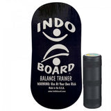 Indo Board balansbräda i svart/mörk design med vit logotyp och text, komplett med den svarta Original Roller