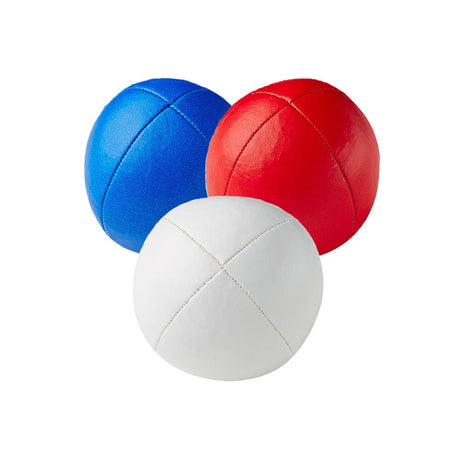 Jongleringsbollar från Playjuggling i färgerna vit, röd och blå – slitstarka bollar för jonglering