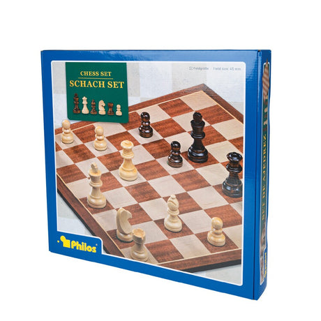 Schackset i trä – klassiskt brädspel med hopfällbart bräde och förvaringslåda.