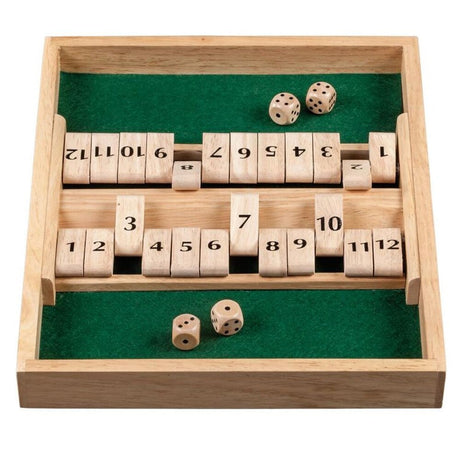 Shut The Box 12er 2-player spel i hevea-trä med klappar och tärningar