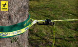 Slackline uppspänd med spacer – möjliggör användning av smal lina i bred Gibbon-spännare