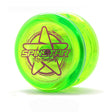 En transparent limegrön jojo av modellen Spinstar från YoYoFactory med en lila stjärnlogotyp på sidan, fotograferad mot en vit bakgrund.