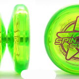 En transparent limegrön jojo av märket YoYoFactory, modell Spinstar, med en lila stjärnlogotyp på sidan. Jojon är fotograferad snett framifrån mot en vit bakgrund.