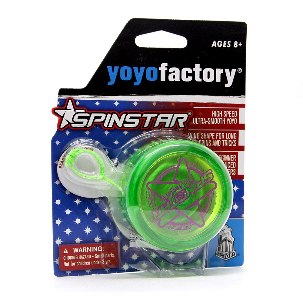Produktförpackning för YoYoFactory Spinstar-jojo. Förpackningen är blå med vita stjärnor och visar den limegröna jojon och ett grönt snöre genom genomskinlig plast.