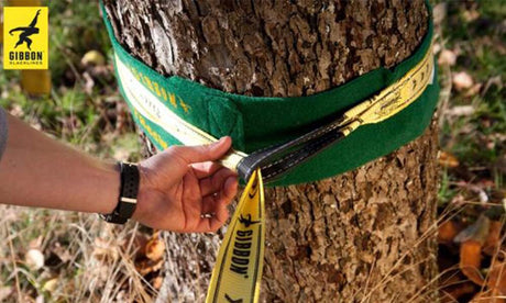 Montering av slackline med Gibbon TreeWear – trädet skyddas samtidigt som linan spänns upp säkert