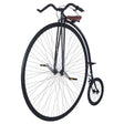 UDC Mk5 Penny Farthing höghjuling i svart. Visar det stora framhjulet, lilla bakhjulet, det bruna sätet och det svarta styret